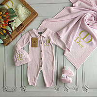 В’язаний набір на виписку у подарункковій коробці, комплект для новонароджених Діор Рожевий