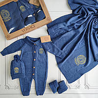 В'язаний набір для новонароджених Versace, комплект на виписку у подарунковій коробці Джинсовий