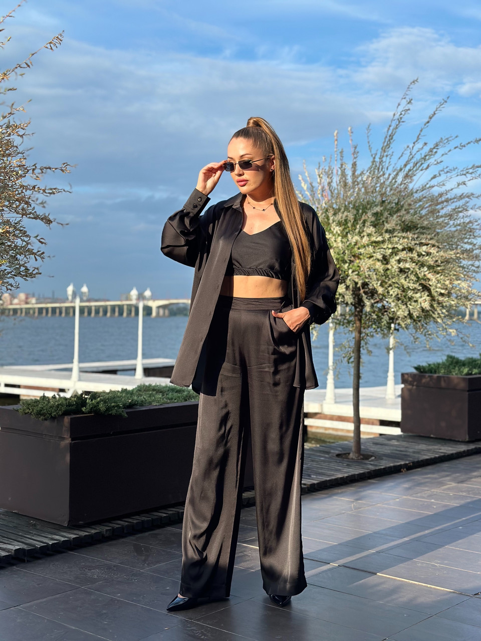 Жіночий костюм з шовку Армані сорочка та штани Чорний, фото 1