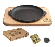 Сковорода Maysternya порційна з дошкою d18 см h2,5 см чавун (Т101-02)