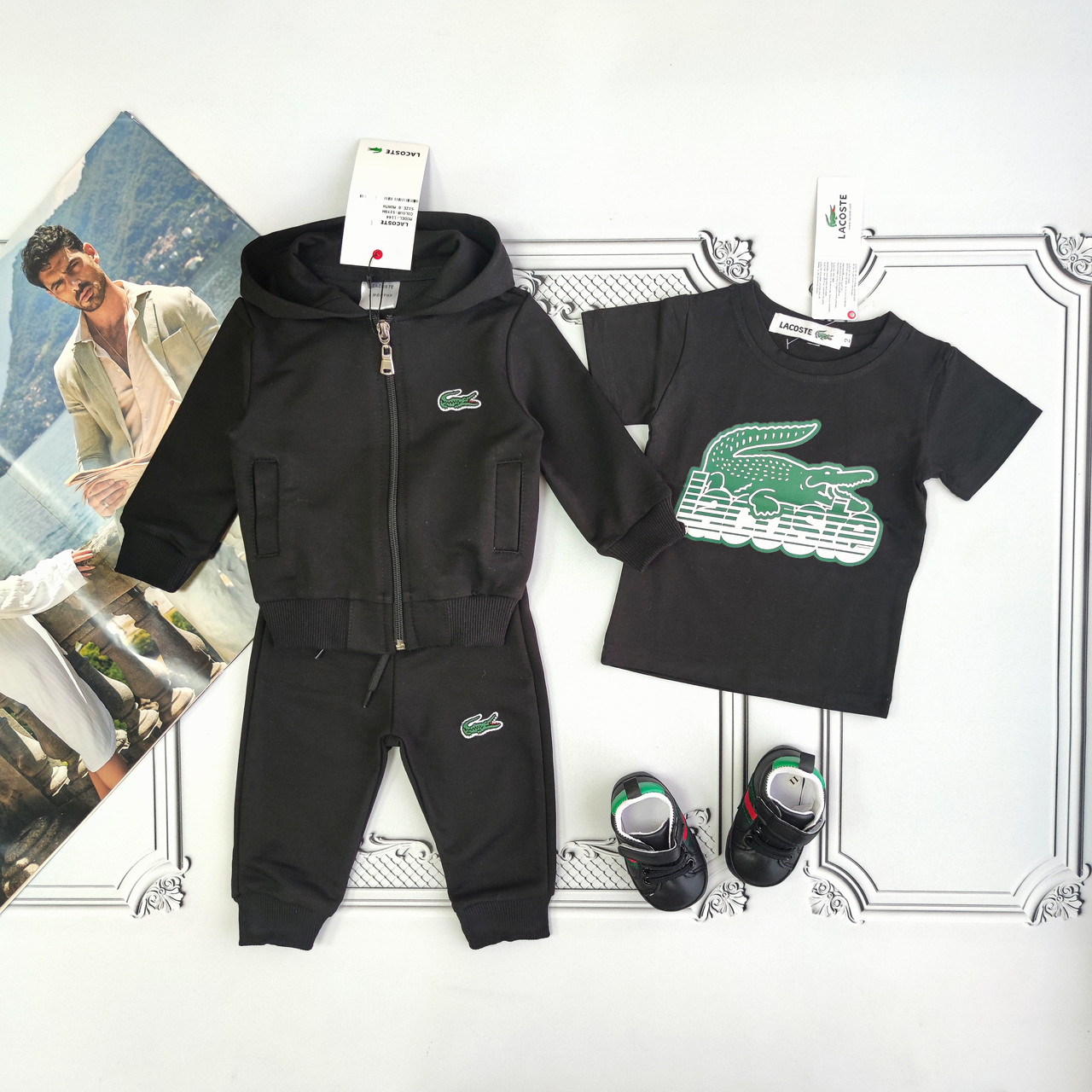 Дитячий чорний спортивний костюм Лакост для новонароджених