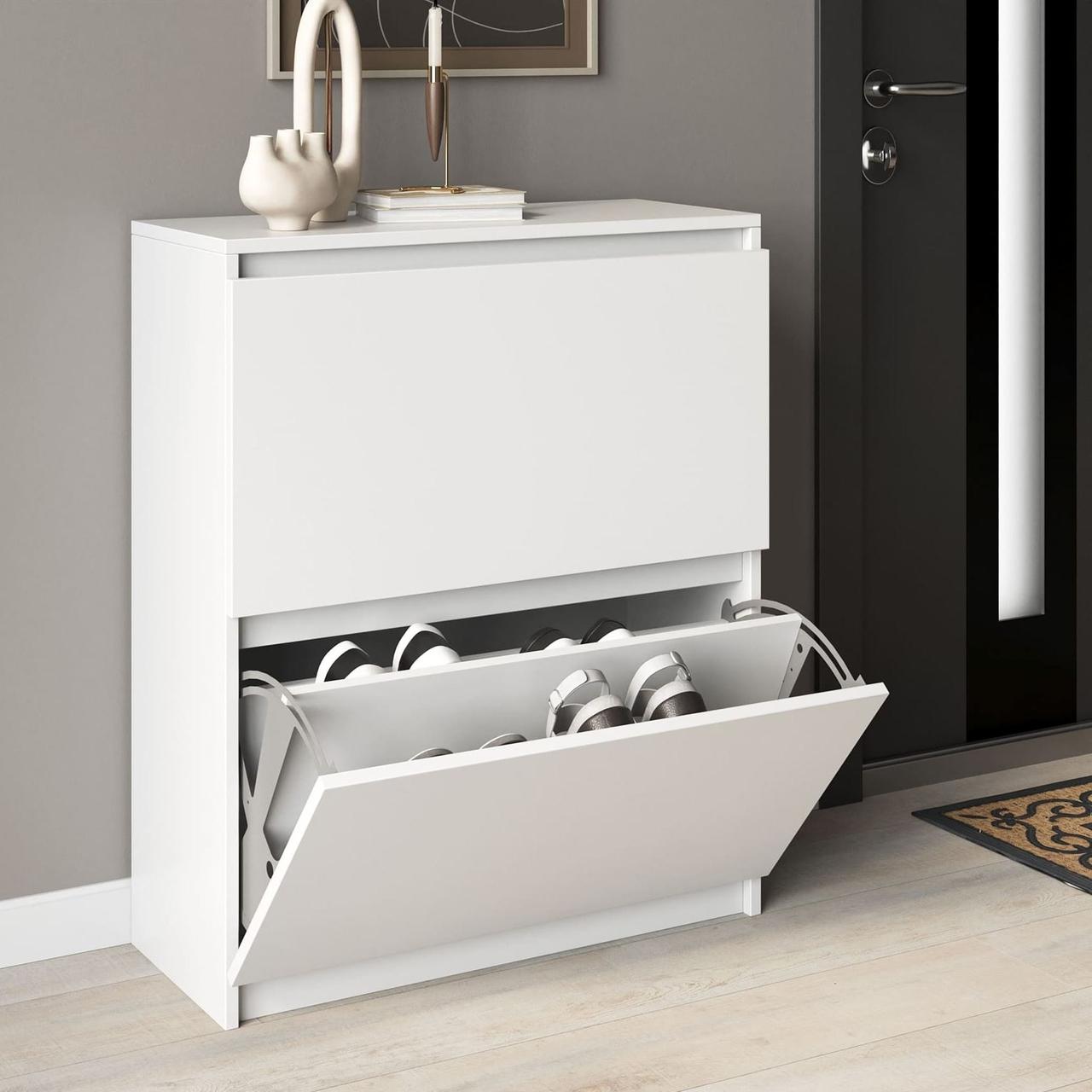 Вузька тумбочка для взуття в передпокій з ламінованого ДСП Компактна взуттєва шафа дводверна на 4 відділення, фото 1