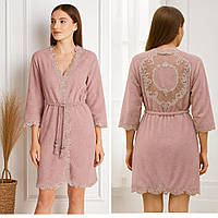 Жіночий короткий махровий халат з вишивкою + 2 рушники, 100% Бавовна, Туреччина, колір рожевий