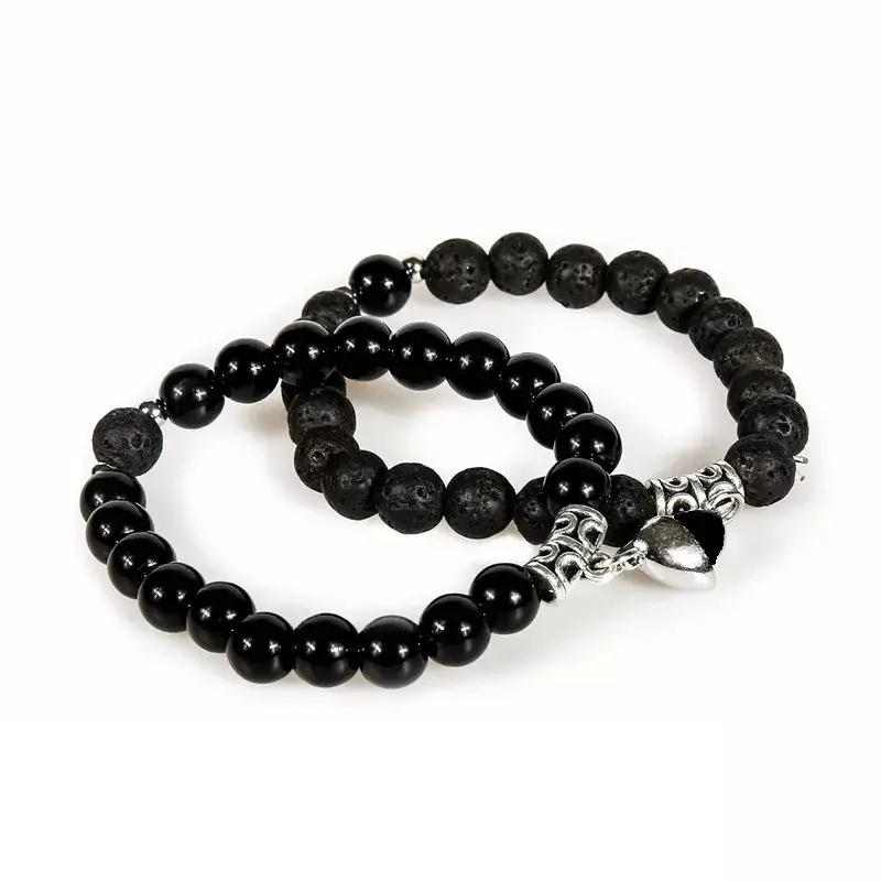 Парні браслети на магніті у формі серця серце для двох закоханих з шунгіту чорного вулканічного каменю притягуються, фото 1