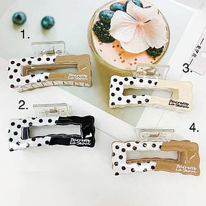 Краб для волосся міцний французький пластик у горошок із написом різні кольори розмір 9 см висота 4.5 см 1 штука