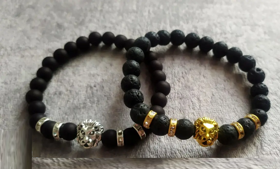 Парні браслети для двох закоханих з левом лев LION із шунгіту чорного вулканічного каменю, фото 1