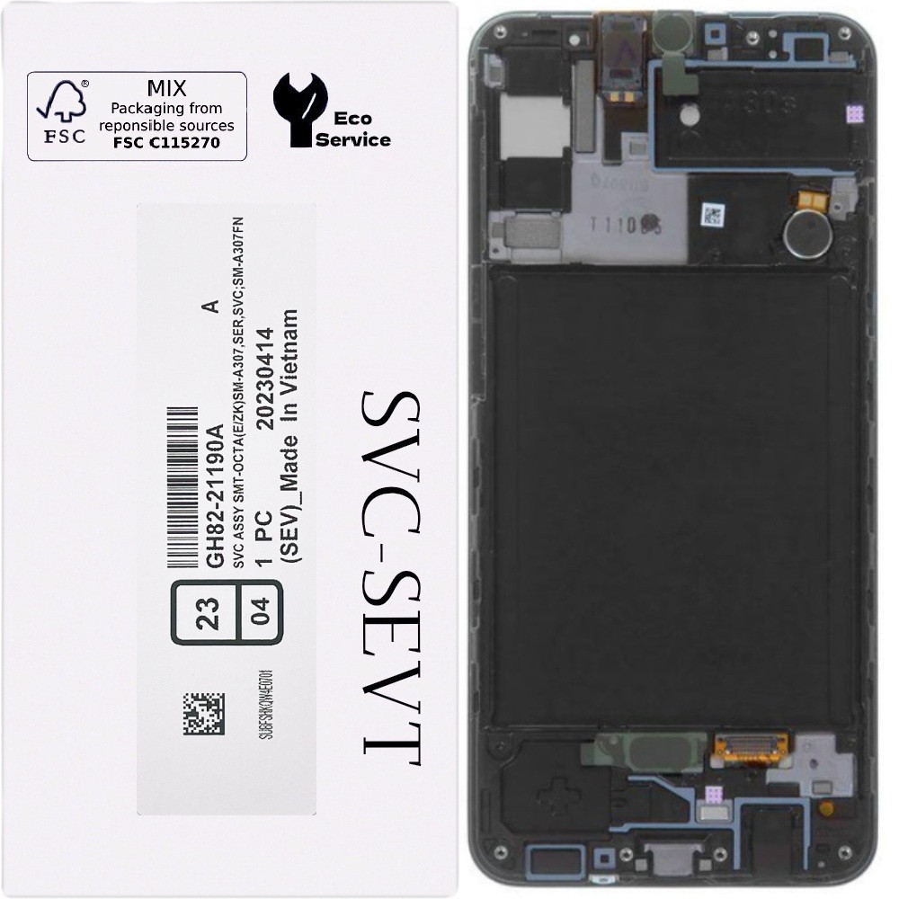 Дисплей Samsung A307 Galaxy A30s чорний, Amoled, оригінал, сервісне пакування, з рамкою, GH82-21329A, фото 1