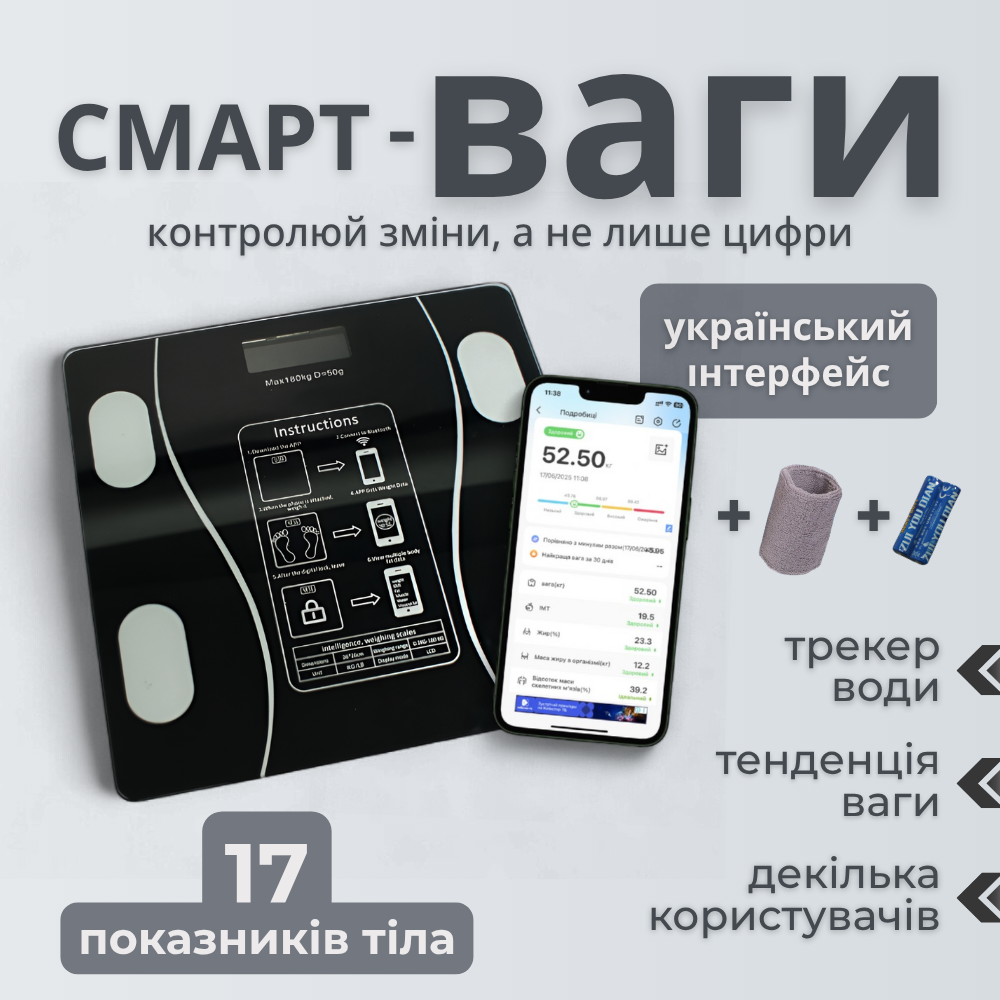 Смарт ваги електронна, розумні ваги підлогови, електронна вага для тіла Hechpro (BL180BT), фото 1