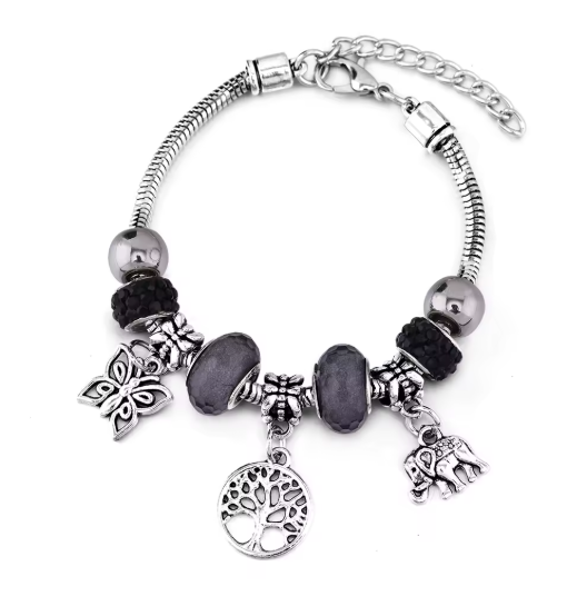 Жіночий браслет в стилі пандора Pandora чорне каміння з підвісками дерево життя слон метелик регульований, фото 1