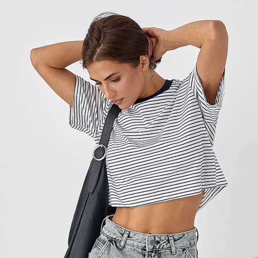 Коротка жіноча футболка топ оверсайз у смужку темно синя укорочена футболка на літо смугаста турецька S, Нове, фото 1