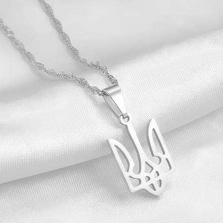 Металевий кулон герб України RESTEQ срібного кольору 60 см. Підвіска у формі українського тризубця. Кулон Тризуб України, фото 1