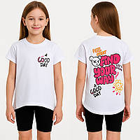 Дитячий літній комплект для дівчинки з принтом — футболка + укорочені треси