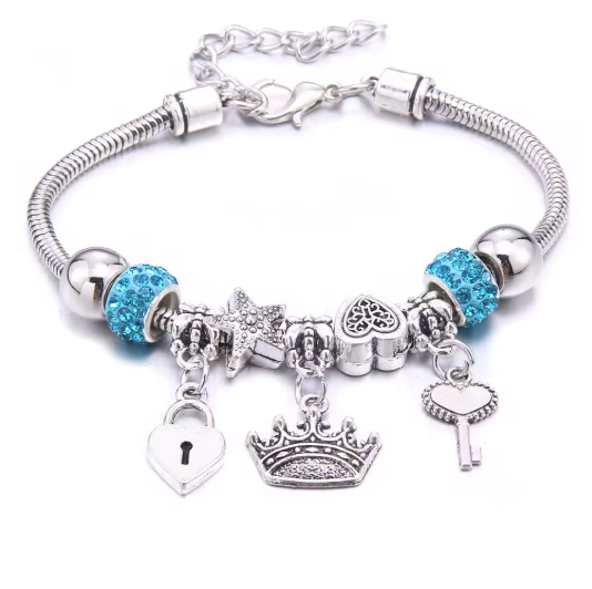 Браслет Пандора Pandora блакитний з підвісками корона ключик колодочка, фото 1