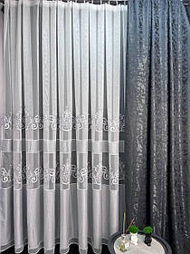 Штора мрамор велюр - графіт і тюль бамбук з полоскою