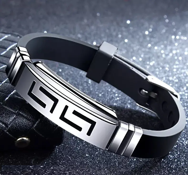 Чоловічий браслет каучуковий вставка нержавіюча сталь візерунок, фото 1