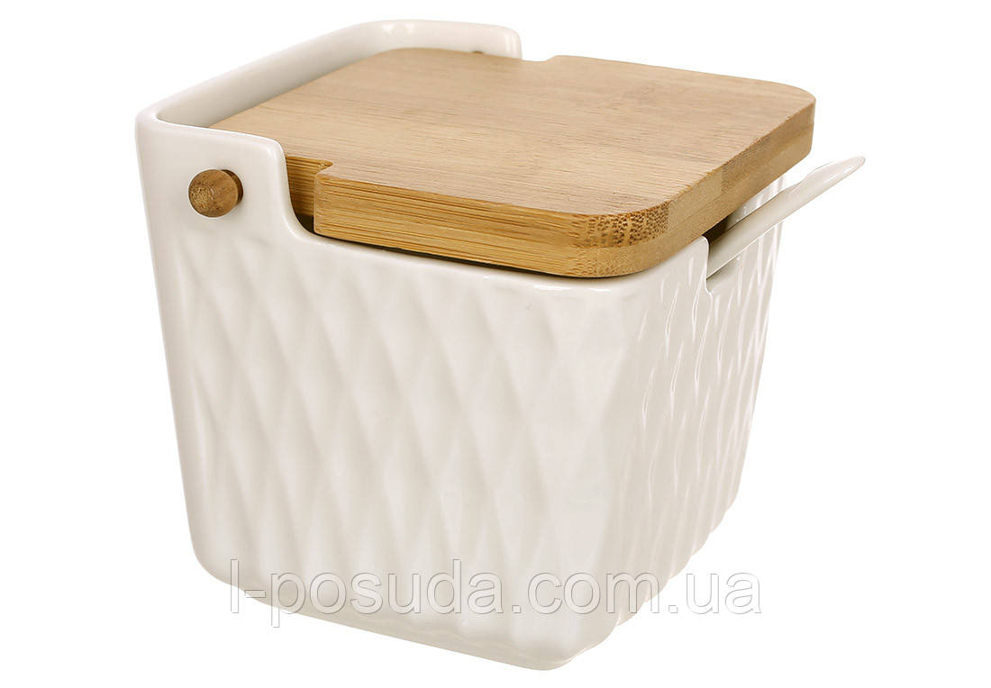 Цукорниця порцелянова з ложкою та бамбуковою кришкою Romb, 350 мл, фото 1