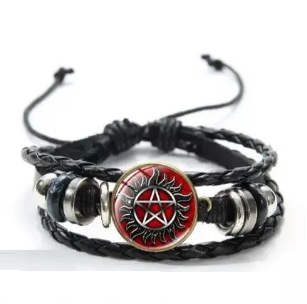 Шкіряний браслет пентаграма з пентаграмою у вогні з Надприродне амулет оберіг еко-шкіра чорний колір, фото 1