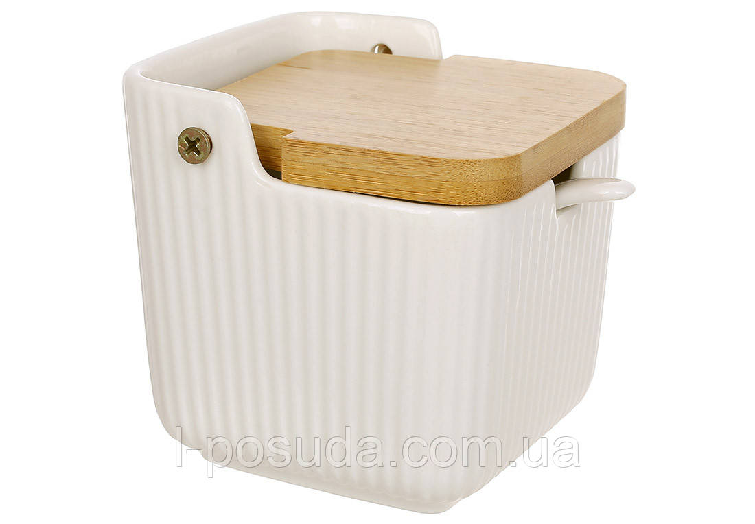 Цукорниця порцелянова з ложкою та бамбуковою кришкою , 300 мл, фото 1