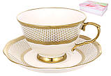 Чайний порцеляновий набір Афродіта: 6 чашок - 240мл, 6 блюдець колір - білий із золотом, фото 3