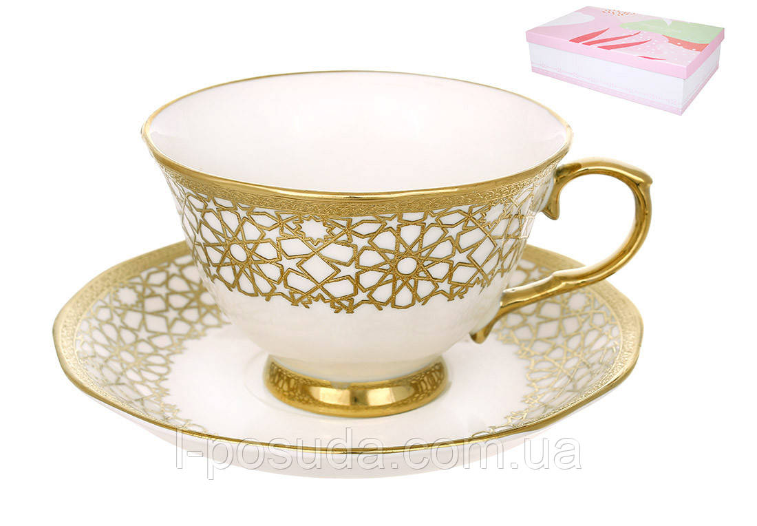 Чайний порцеляновий набір Афіна: 6 чашок - 240мл, 6 блюдець колір - білий із золотом, фото 1