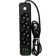 Подовжувач UA Power F44U на 4 розетки, 3USB, 6 м, чорний mars