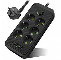 Подовжувач мережевий UA Power F06U, 4USB, Type-C, 6 розеток, 6 м, чорний mars