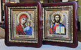 Ікони вінчальні Спаситель, П.Б.Казанська в темному дерев'яному кіоті під склом, розмір кіота 26*23, сюжет 15*18., фото 3