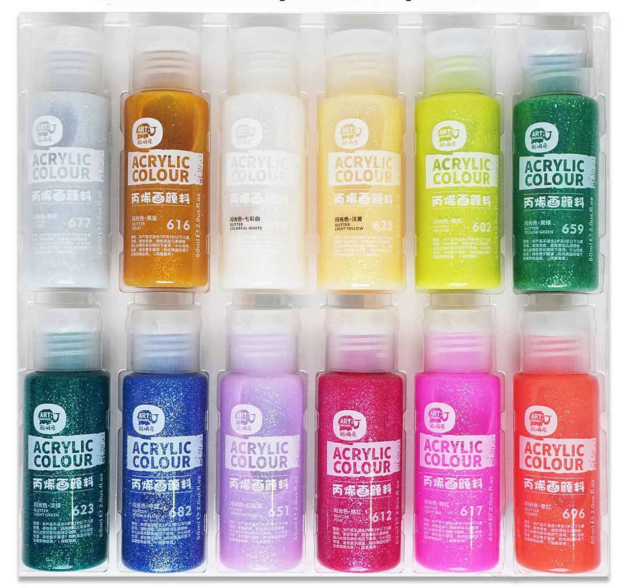 Набір художніх акрилових фарб із блискітками Art Rangers Glitter 12 кольорів по 60 ml, фото 1