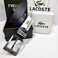 Шкіряний чоловічий ремінь із натуральної шкіри чорний пояс на подарунок в коробочці Lacoste Лакосте