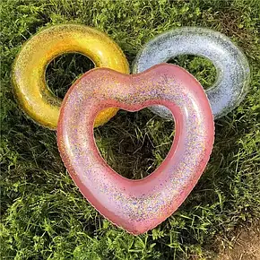 Круг надувний прозорий із блискітками 80 см у формі серця Дорослий, Надувний круг із блисками Серце, фото 1