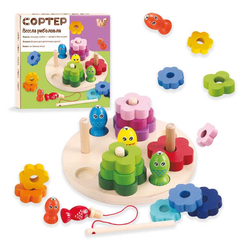Магнітна риболовля для дітей - дерев’яна, фігури, вудка, рибки, сортер за кольорами та формами 63544
