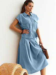 Лляний костюм з спідницею короткою літній з жилеткою блакитний