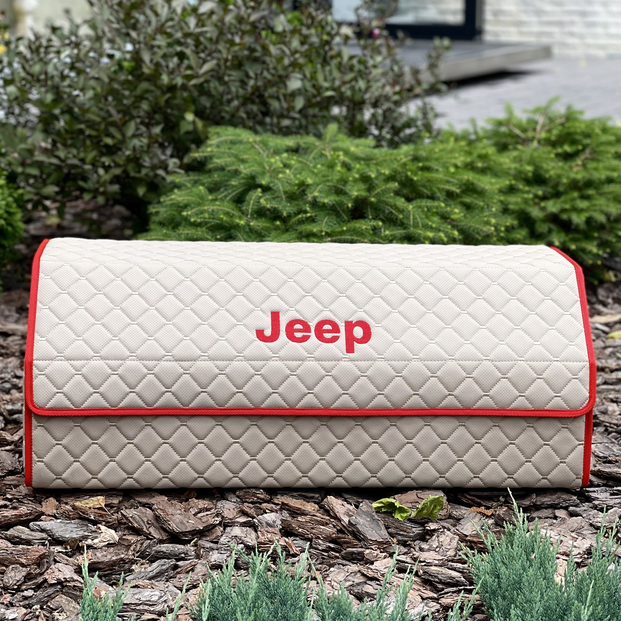 Органайзер у багажник з логотипом Jeep з екошкіри, 80 см, бежевий на магнітах, з червоною підкладою, саквояж, фото 1