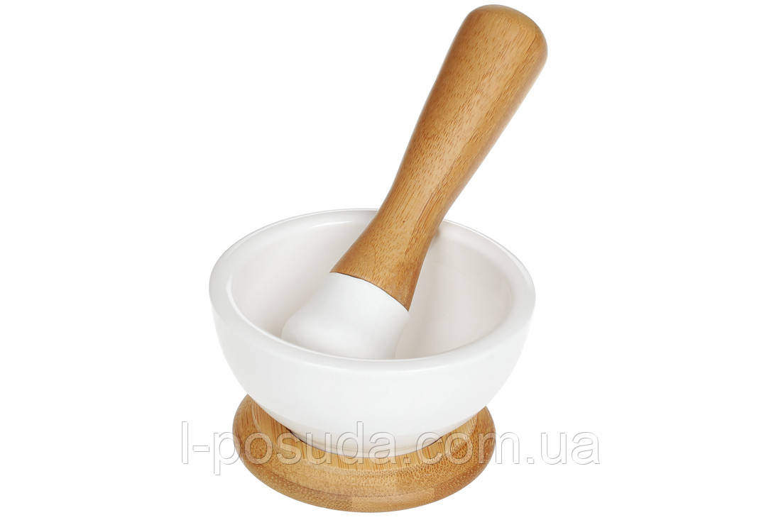 Ступка фарфорова з маточкою Naturel,на бамбуковой підставці 9см, фото 1