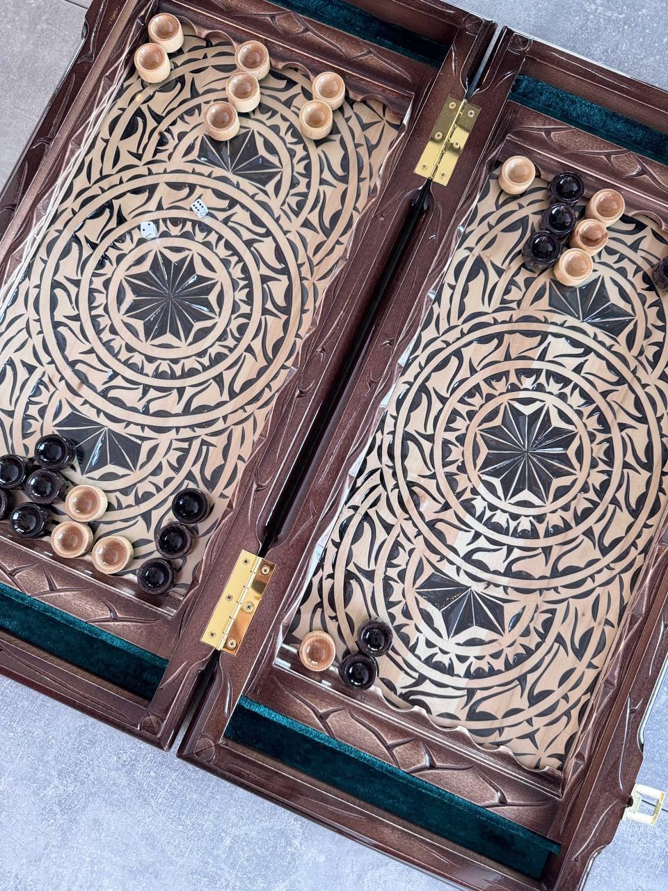 Нарди дерев'яні різьблені, ручна робота, під склом, фото 1