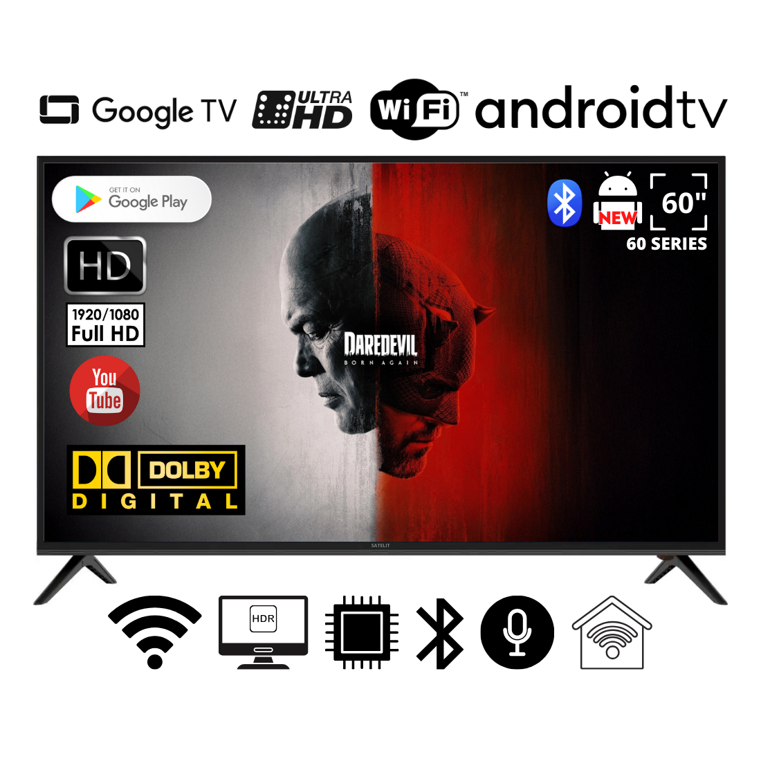 Телевізор Smart FHD TV Satelit 60" I Android 15.0 Smart DVB/T2/FullHD/USB/ (1980x1080) блютуз пульт, фото 1