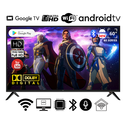 Телевізор Smart FHD TV KIVI 60" I Android 15.0/Smart TV/DVB/T2/FullHD/USB/ (1980x1080) блютуз пульт