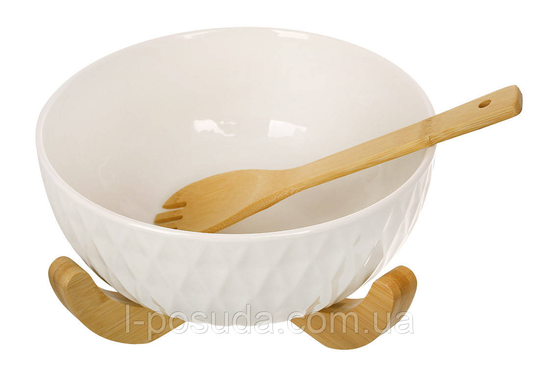 Салатниця порцелянова на бамбуковій підставці з кухонним приладдям Romb, D24*13см, фото 1