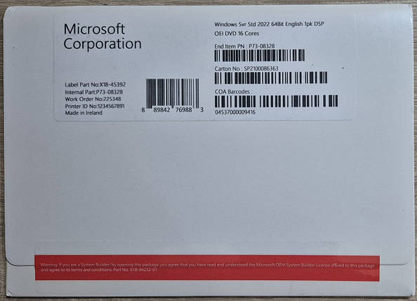 Microsoft Windows Server 2022 Standard Edition x64 English 16 Core DVD ОЕМ (P73-08328), фото 1