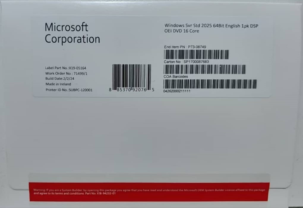 Microsoft Windows Server 2025 Standard Edition x64 English 16 Core DVD ОЕМ (P73-08749)