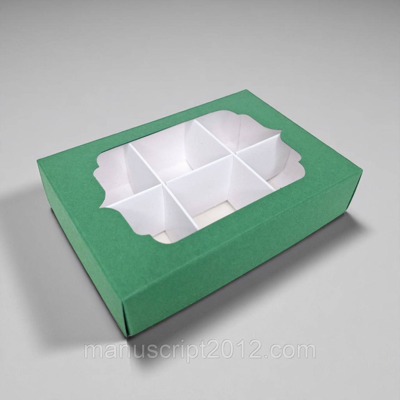 Коробка на 6 цукерок з вікном (130×90×35 мм.) зелено-біла