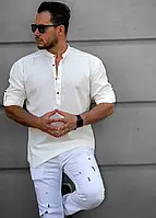 Модна легка чоловіча сорочка з довгим рукавом трансформером, фабрична Туреччина, тонка молочна під льон