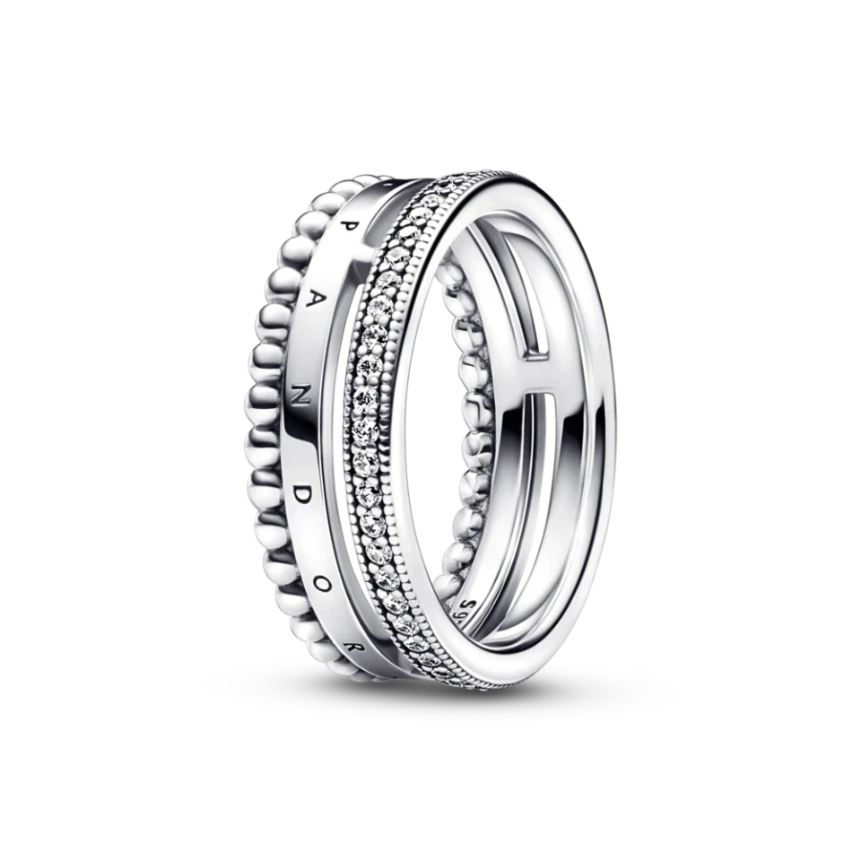 Срібна каблучка Pandora з логотипом, паве та металевими кульками 192312C01 16.5 мм