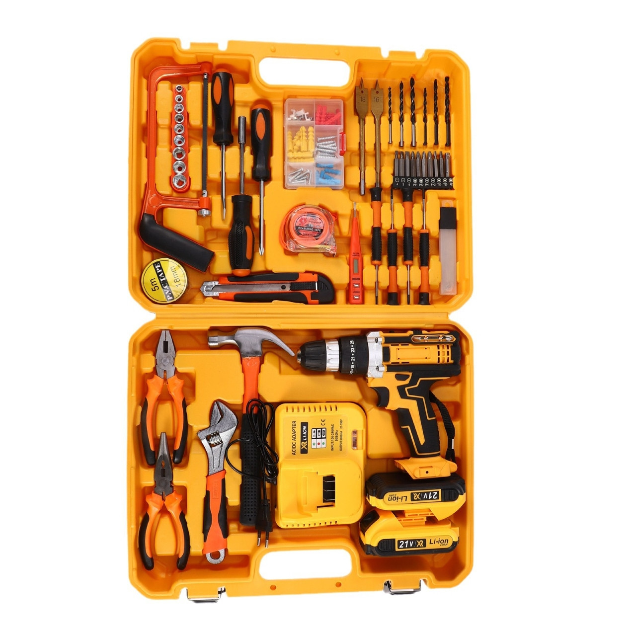 Набір інструментів із дрилем-шуруповертом AT-CD2106-121 (24V, 2 аккумулятори, жовтий валіза, комплект інструментів), фото 1