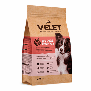 Сухой корм для взрослых собак средних пород VELET (с курицей и бурым рисом) - 2кг