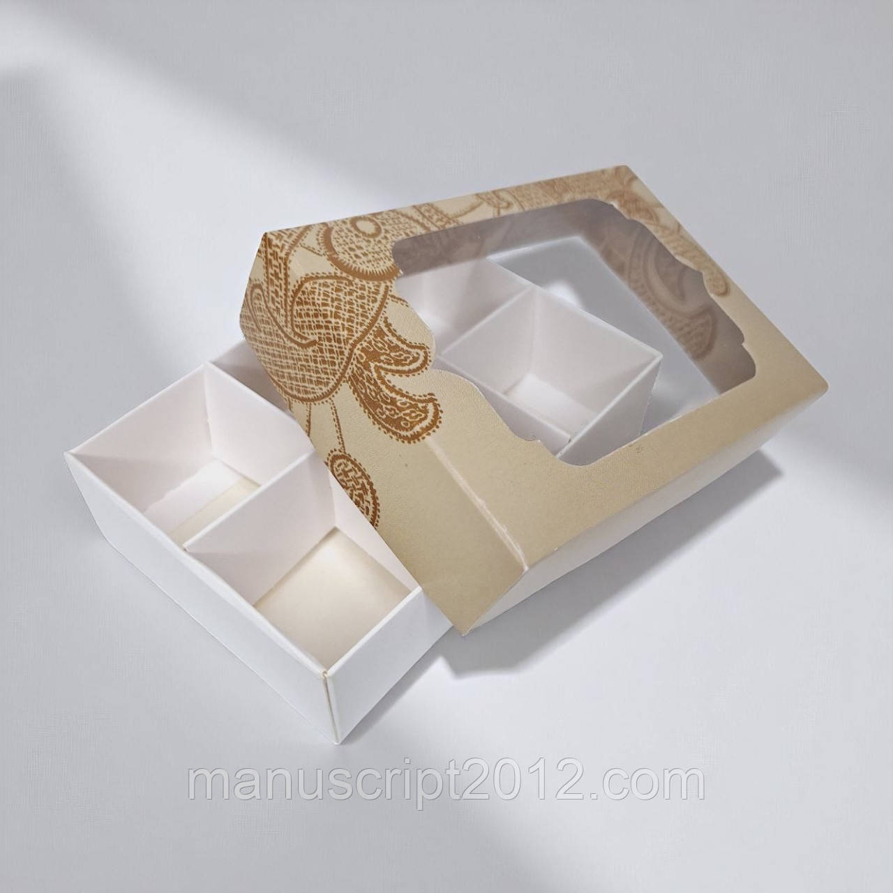 Коробка на 6 цукерок з вікном (130×90×35 мм.) "Ажур"