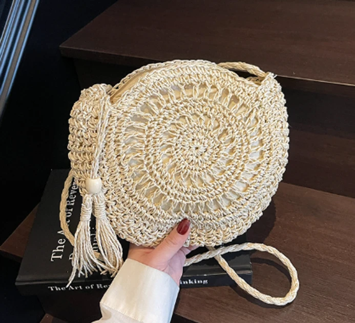 Сумка плетена через плече пляжна кругла на блискавці бежевий, фото 1