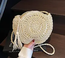 Сумка плетена через плече пляжна кругла на блискавці бежевий