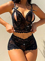 Эротическое белье с открытым доступом. Сексуальный комплект топ и трусики цвет черный размер XS(38)