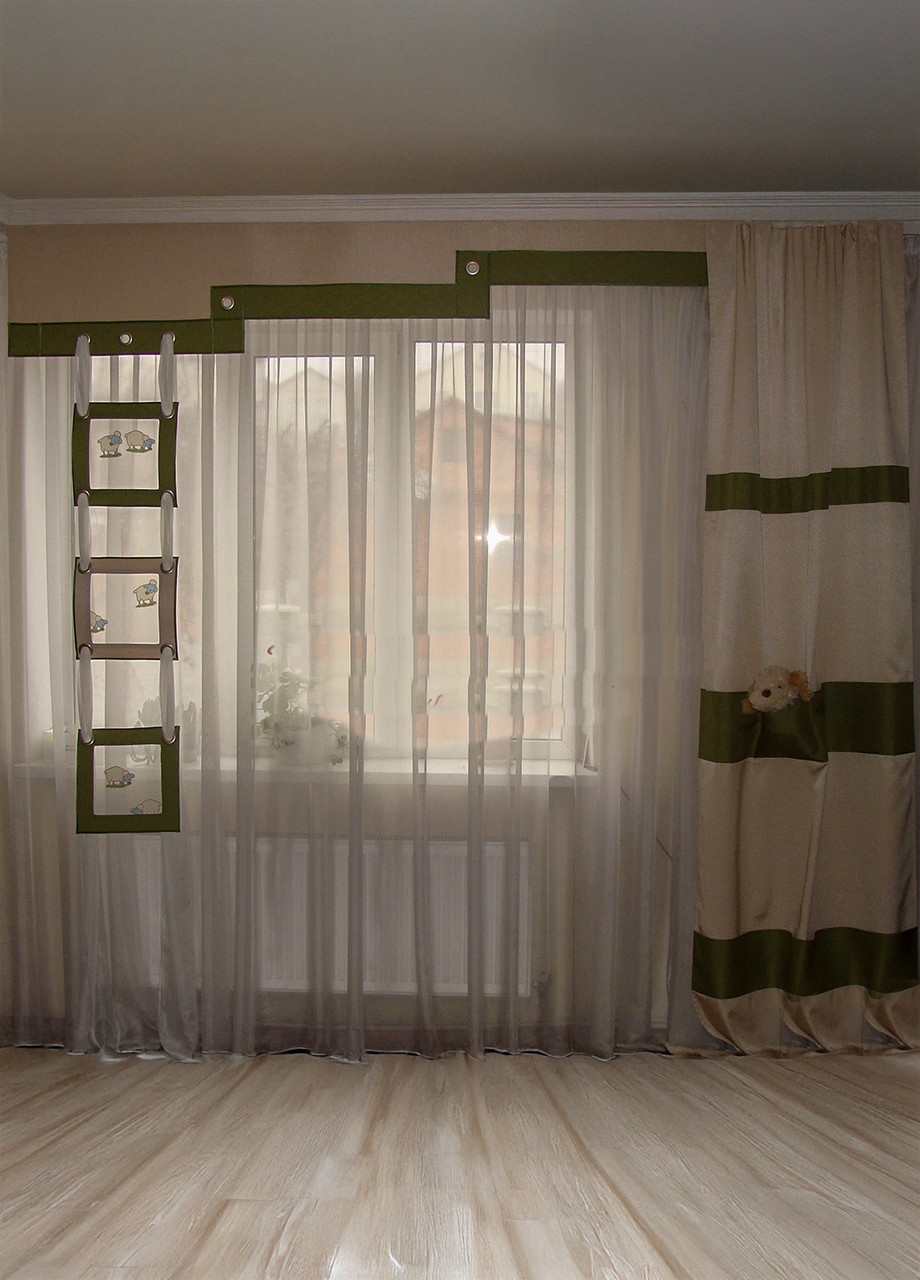 Жорсткий ламбрекен з шторою Firanka Веселі картинки Баранчики 250см салатові з молочним (50ж), фото 1